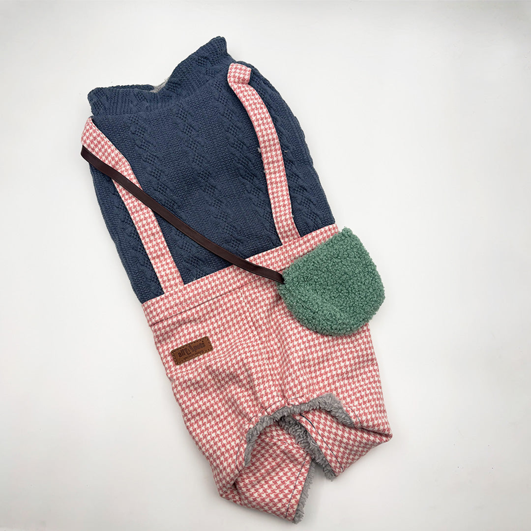 Winter dog dungaree outfit with knit top and fleece bottom for small dogs