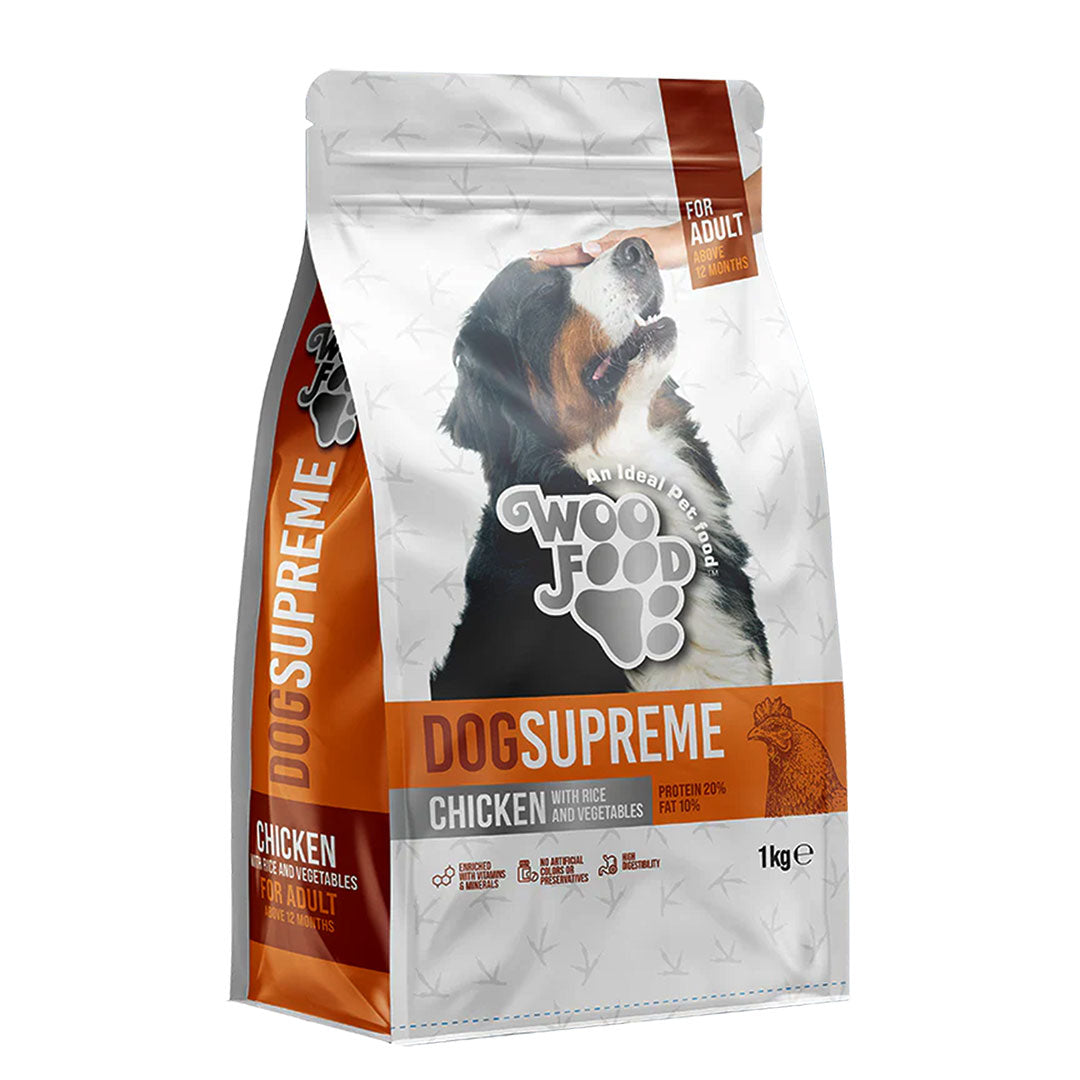 WooFood Dog Supreme Chicken with Rice and Vegetables bag for adult dogs, 1kg packaging.