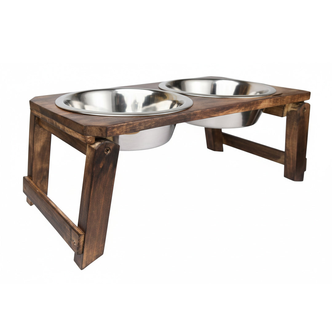 Wooden Foldable Double Diner Dog Feeder with Stainless Steel Bowls