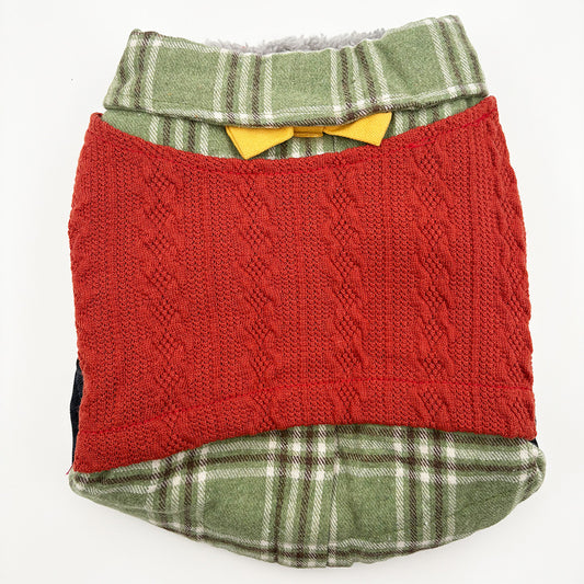 Woolen dog sweater with inner fur, shirt collar, and bow design for winter