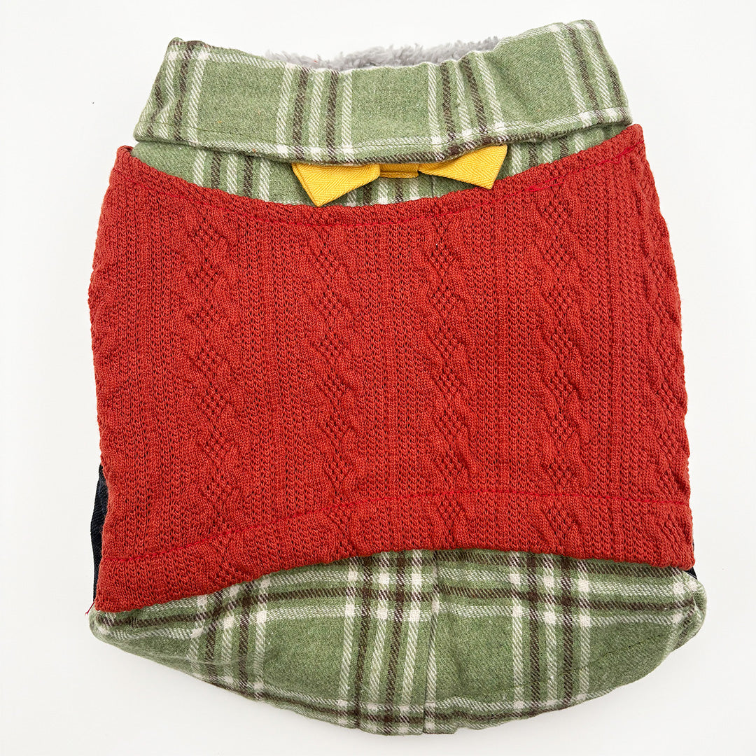 Woolen dog sweater with inner fur, shirt collar, and bow design for winter