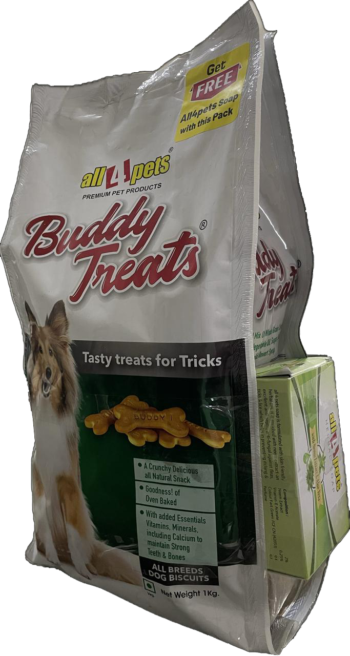 GET BUDDY TREAT (VEG) DOG BISCUITS 1KG AND GET 1 PC ALL4PETS SOAP 75G FREE