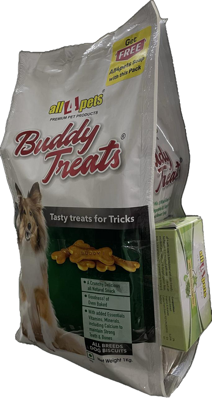 GET BUDDY TREAT (VEG) DOG BISCUITS 1KG AND GET 1 PC ALL4PETS SOAP 75G FREE