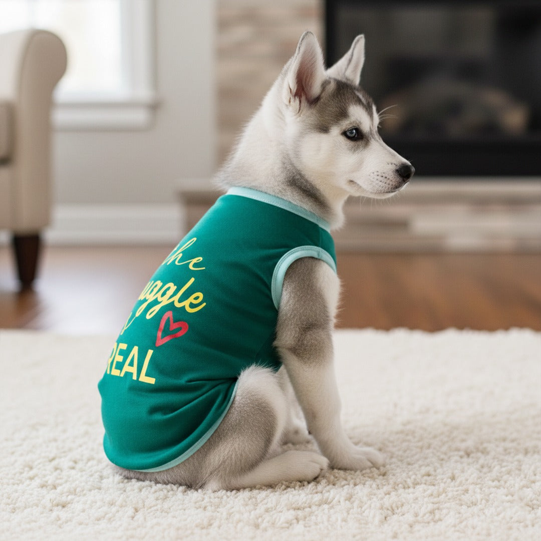 dog wearing printed t-shirt the snuggle is real