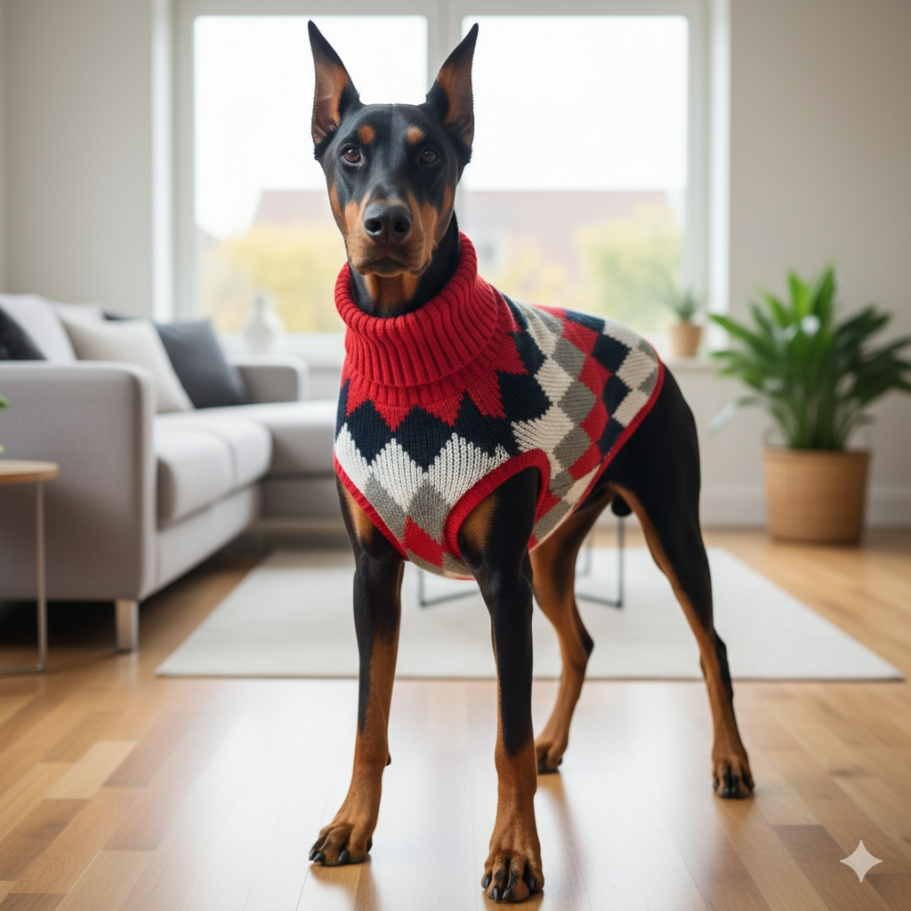 dog wearing zigzag christmas sweater 