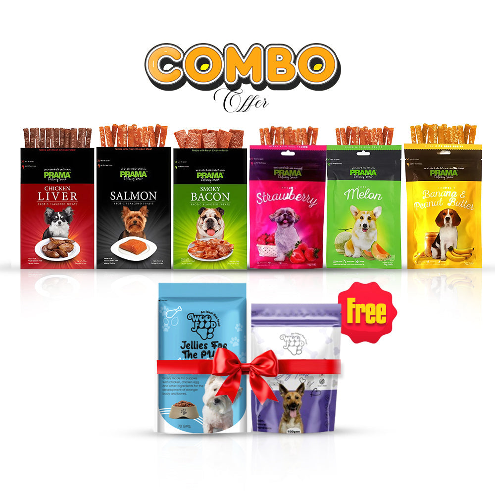 Buy Prama Treat Combo (Pack of 6) And Get 1 WooFood Indian Treat+1 Jelly Free