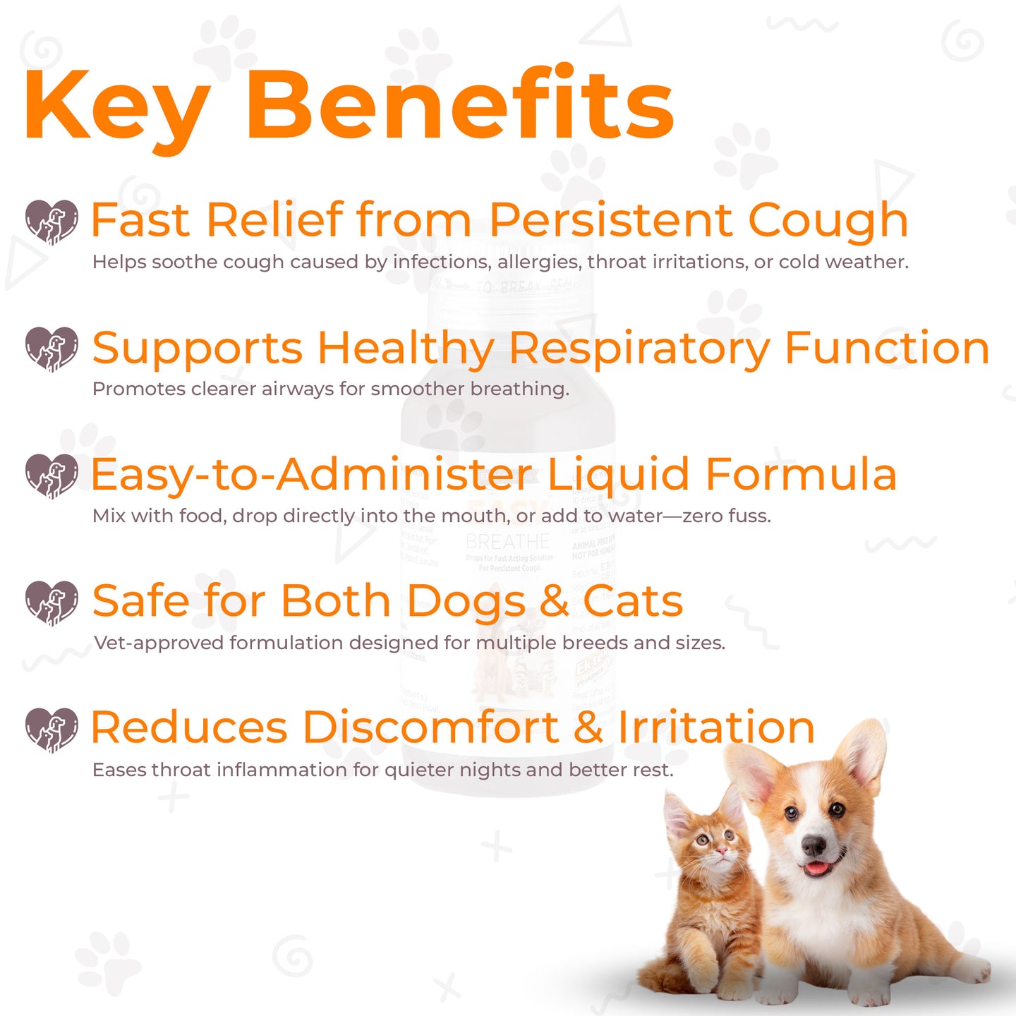 Key benefits of a pet health product with a dog and cat on a white background