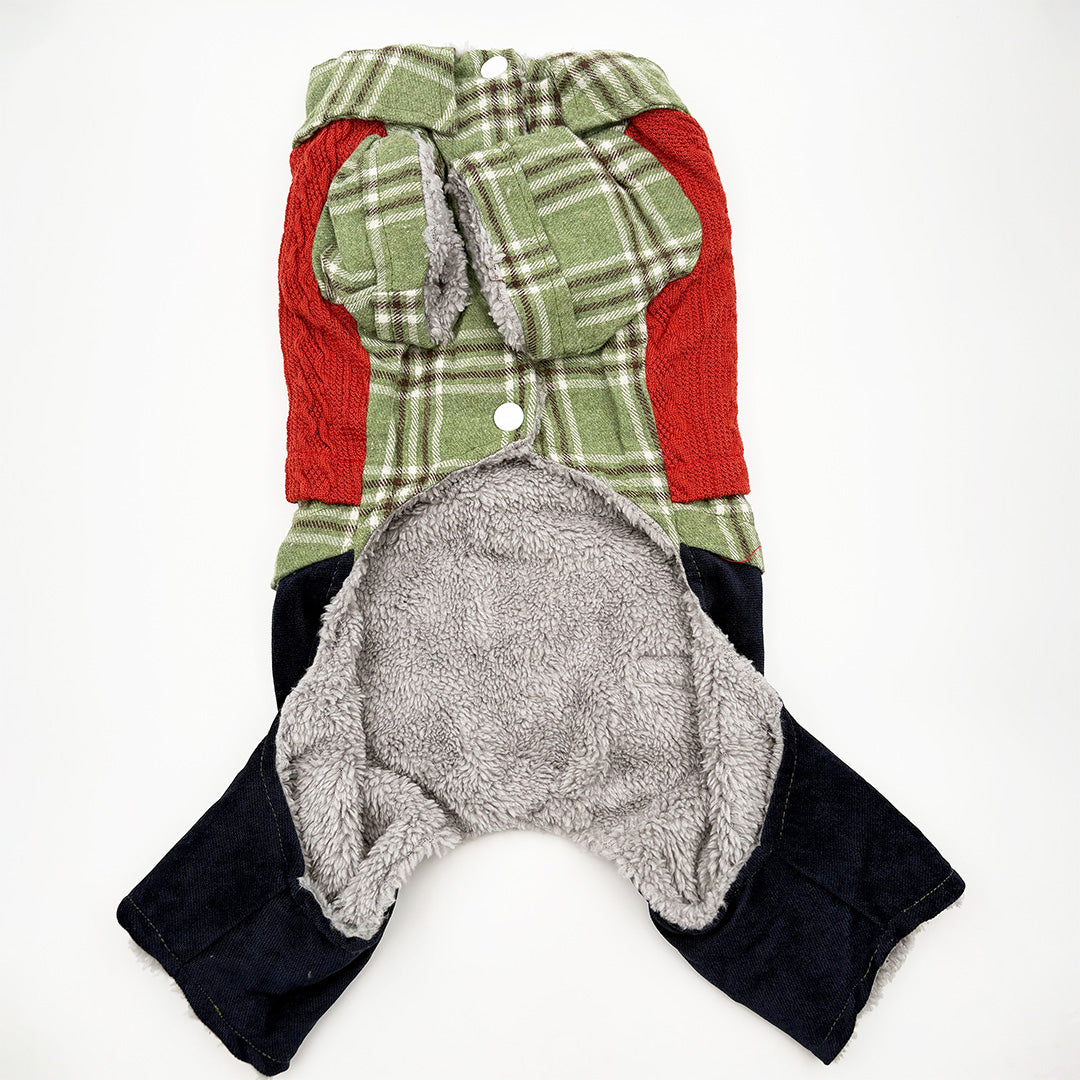 Dog coat with plaid pattern and gray fur trim on a white background